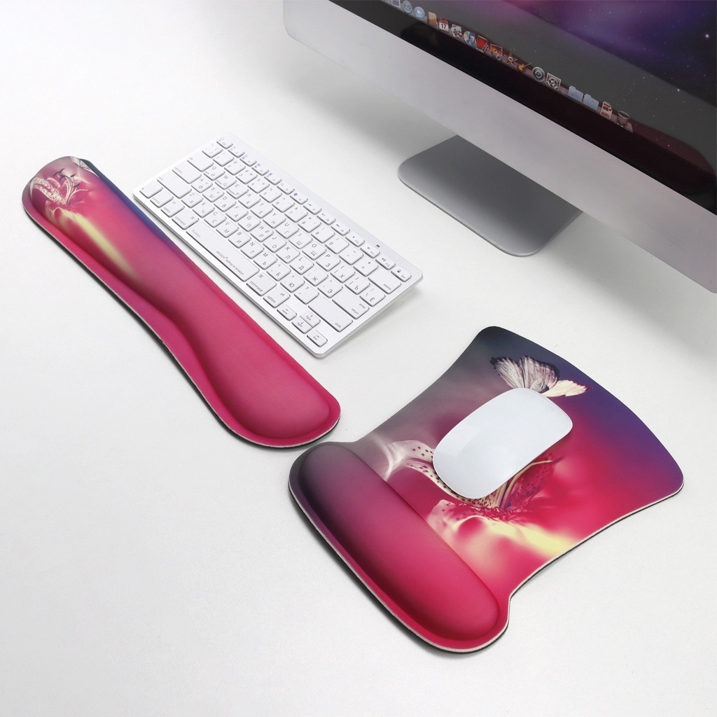 Karet Pergelangan Tangan Mouse Pad Permainan Penopang Pergelangan Tangan Karet Perlindungan Pergelangan Tangan Taman Cat Air Bunga Bulu Berwarna Gradasi Mulia Bubuk Biru Lily Rose Butterfly Mouse Pad