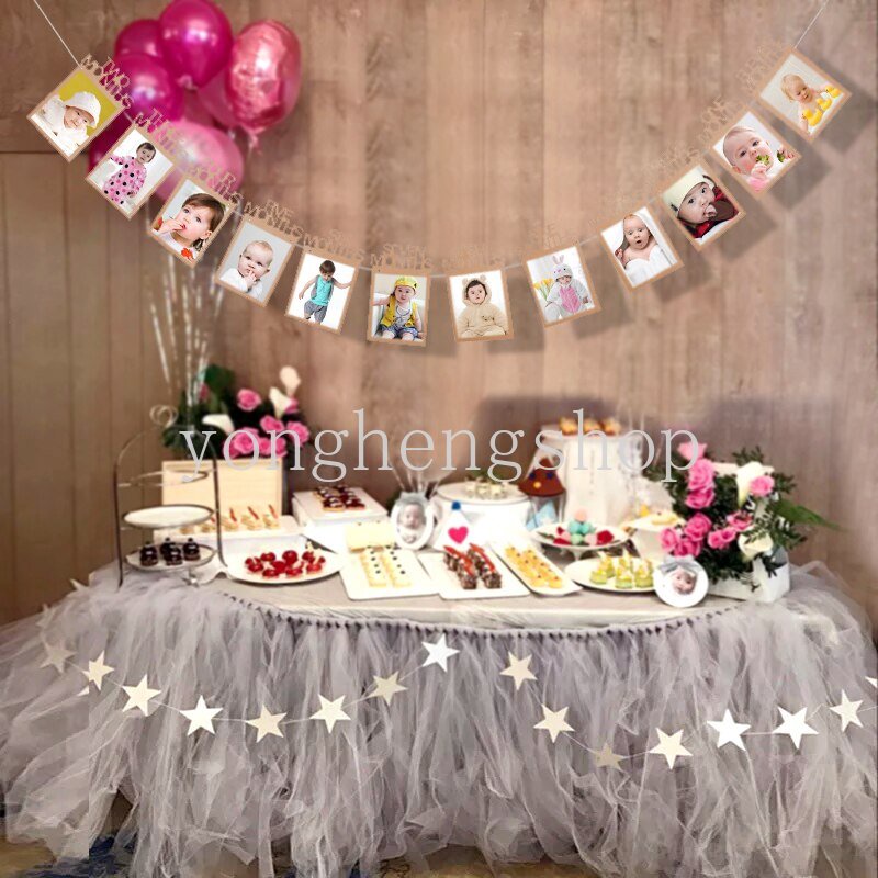 Baby's 1st Birthday Party Hiasan Dinding 12bulan Bingkai Foto Bunting Garland DIY Foto Banner Tarik Bendera Baby Shower Perlengkapan Dekorasi