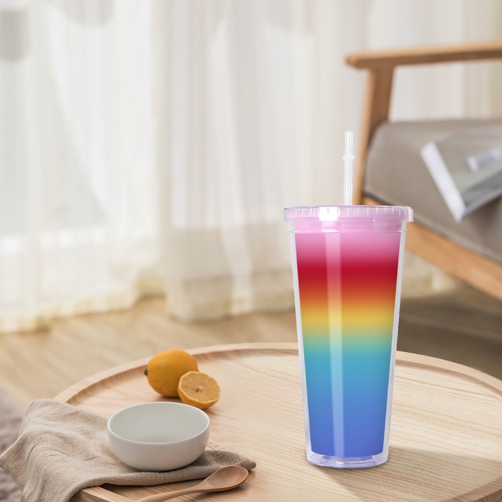 Straw 710Ml Cangkir Cangkir Warna-warni Gradien Pelangi Kreatif Cangkir Sedotan Kapasitas Besar Dapat Digunakan Kembali Botol Air Berubah Warna Perlengkapan Pesta Rumah