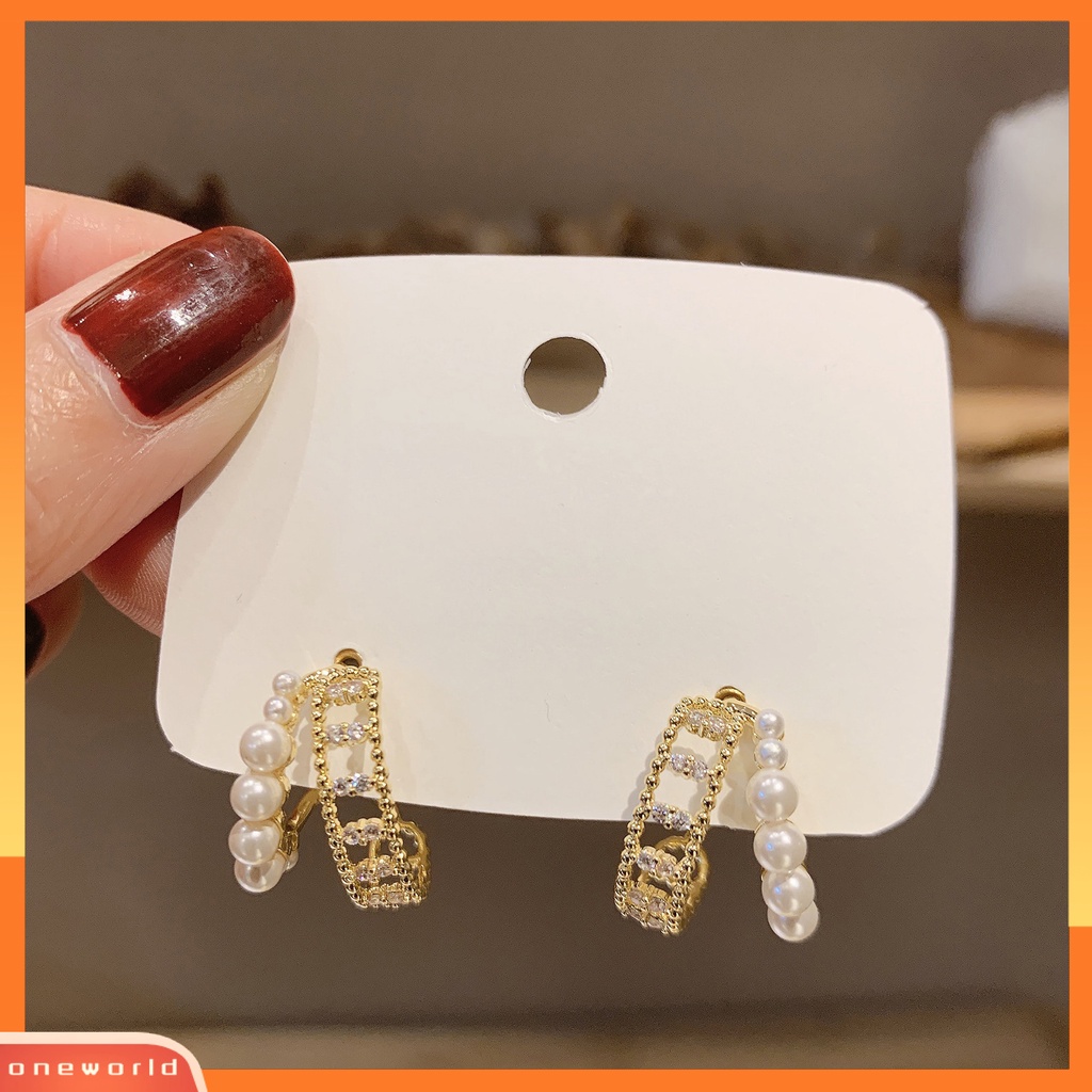 [EONE] 1pasang Anting Pejantan Hias Mutiara Imitasi Gaya Vintage Perancis Pengerjaan Halus Berdandan Elegan Cubic Zirconia Split Hoop Earrings Perhiasan Aksesori