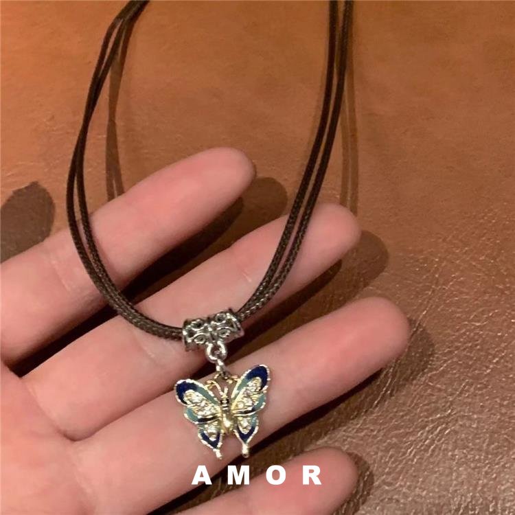 Y2k Vintage Butterfly Pendant choker Kalung Tali Kulit