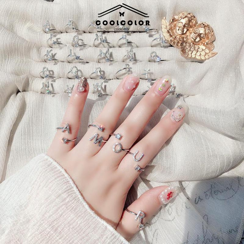 COD❤️Cincin Model Terbuka Desain 26 Huruf Bahan Alloy Aksen Berlian Imitasi Untuk Wanita- cl