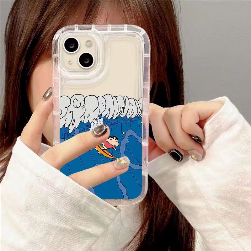 IPHONE Ins Crayon Shin-Chan Phone Case Cocok Untuk Iphone14 14pro 14plus 13 13mini 13pro 13prm iPhone12 7Plus 8Plus Xr XS 13 12mini Pro Max Empat Sudut Casing Ponsel Transparan Tahan Guncangan