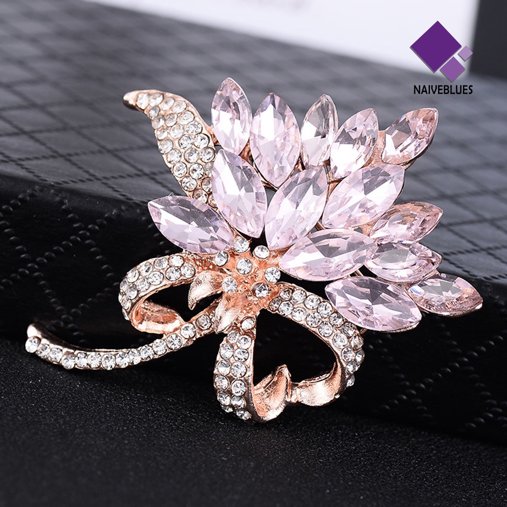 &lt; Naiveblues &gt; Elegan Marquise Cut Shiny Rhinestone Buket Bunga Wanita Bros Pin