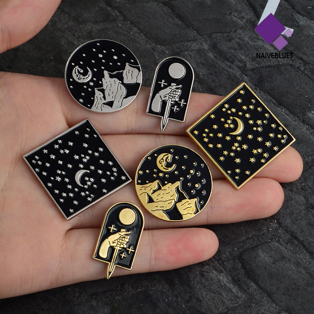&lt; Naiveblues &gt; Enamel Bulat Retro Bulan Bintang Belati Aksesori Denim Jaket Bros