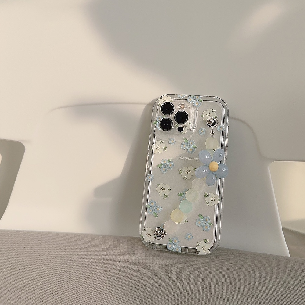 IPHONE Musim Panas Casing Ponsel 3D Biru Bunga Matte Bulat Manik-Manik Rantai Floral Transparan Sarung Pelindung Untuk Iphone11 12 13 14 PRO MAX SE 2020