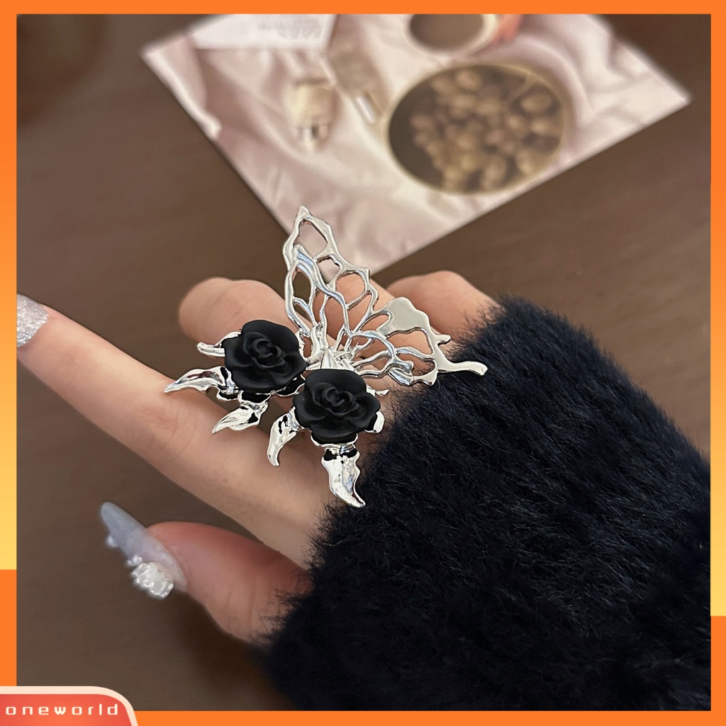 [EONE] Wanita Cincin Berlebihan Pembukaan Gothic Punk Tidak Teratur Hadiah Berlian Imitasi Berongga Kupu-Kupu Hitam Mawar Jari Cincin Fashion Perhiasan