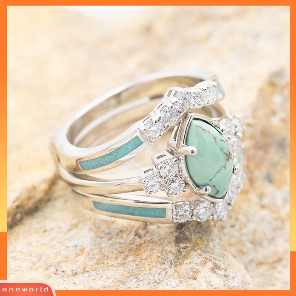 [EONE] Wanita Cincin Vintage Rusak Imitasi Turquoise Alloy Mewah Kepribadian Hadiah Berlian Imitasi Bertatahkan Jari Cincin Fashion Perhiasan