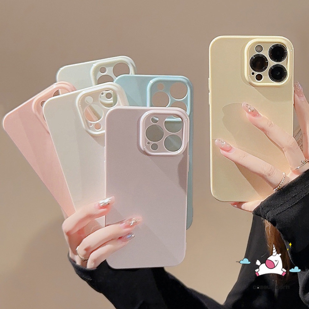 IPHONE Casing Ponsel Warna Permen Macaron Kompatibel Untuk Iphone11 7Plus 8Plus XR 14 13 12 11 Pro Max X XS Max Mewah Shockproof Lembut Pelindung Lensa Kamera Simple Solid Glossy Cover