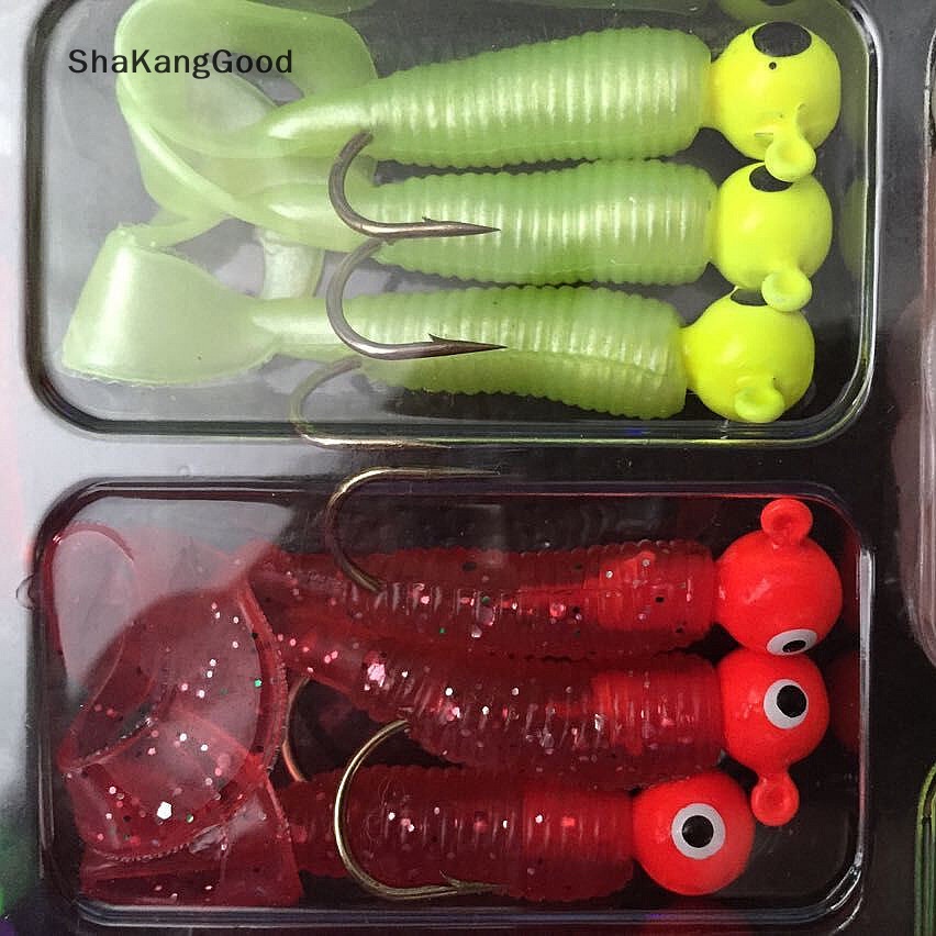 Umpan Pancing Selip Set Jig Lead Head Hooks Cacing Lembut Grub Umpan Ekor Tunggal 17Pcs SKK