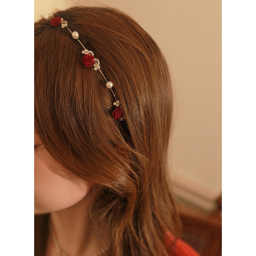 Korea Merah Bunga Mutiara Berlian Imitasi Bando Kristal Alloy Tipis Rambut Band Woman Fashion Aksesoris Rambut