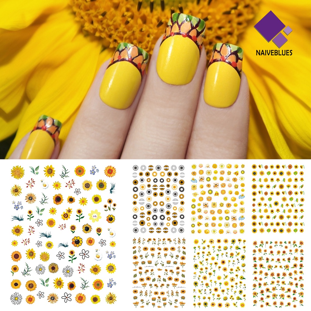 [naiveblues] Stiker Kuku Bentuk Bunga Matahari Efek 3D Ultra Tipis Floral Nail Art Decals Untuk