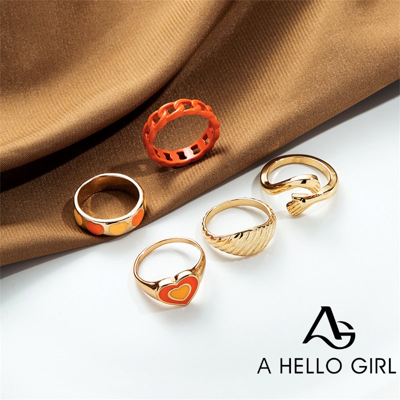 A HELLO GIRL 5pcs Set Set Cinta Kuning Berlapis Emas Geometris Cincin Wanita Gaya Korea Ins Tidak Teratur Cincin