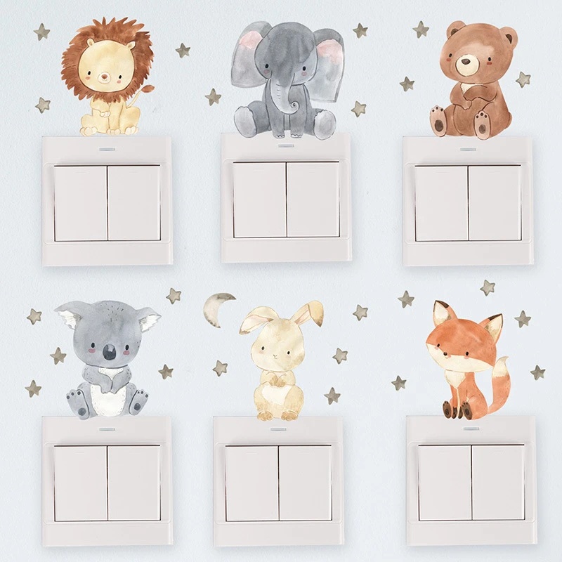 Kartun Lucu Singa Gajah Kelinci Hewan Saklar Stiker Dinding/Perekat Diri Soket Listrik Paster/Kamar Bayi DIY Seni Dinding Decals