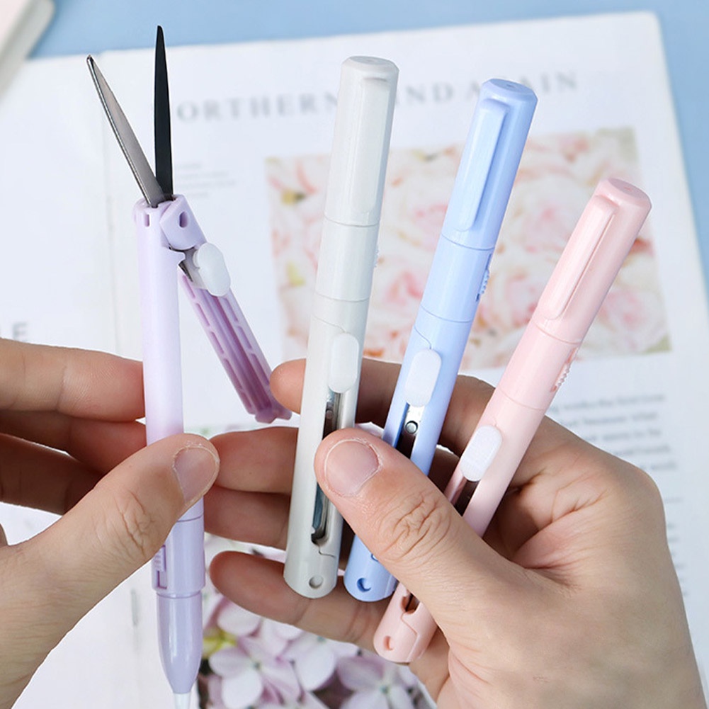 Pulpen Lipat Bentuk Gunting 1PC Warna Solid Alat Seni Pemotong Kertas Stationary DIY Sekolah