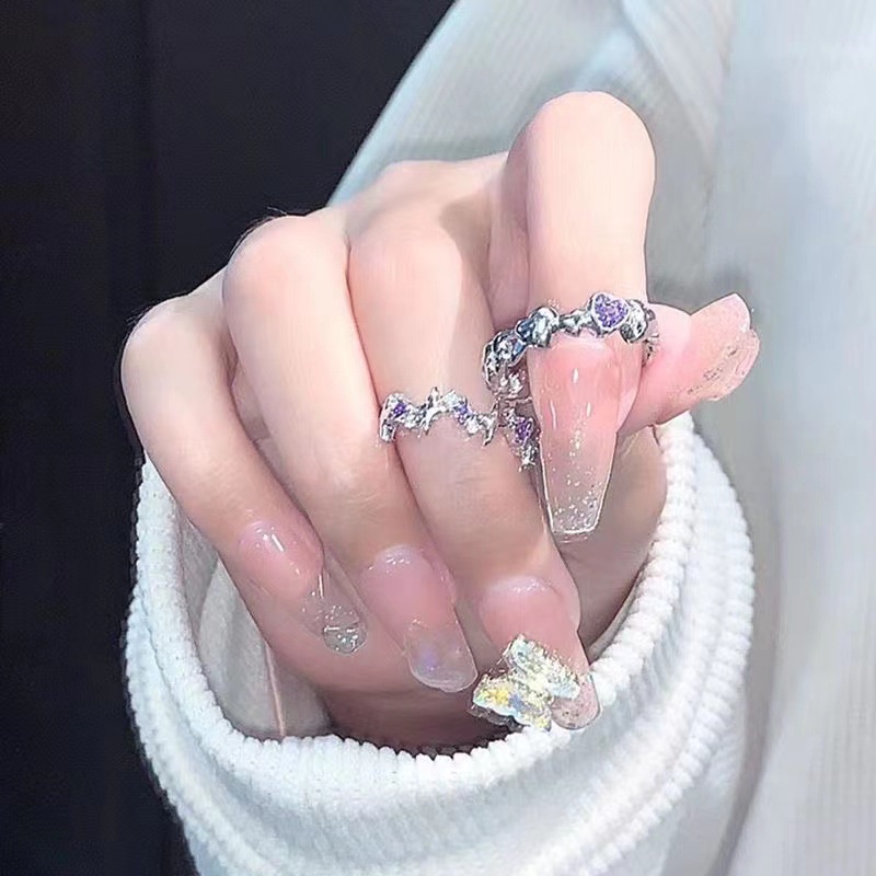 Gaya Baru ins Manis Gaya Ungu Berlian Cinta Hati Zirkon Cincin Terbuka Perempuan Versi Korea Bintang Berujung Empat Niche Gaya Keren Ringan Mewah Cincin Unik