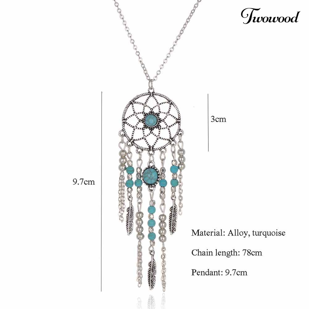 Twowood Boho Dreamcatcher Feather Turquoise Tassel Rantai Charm Kalung Wanita Perhiasan