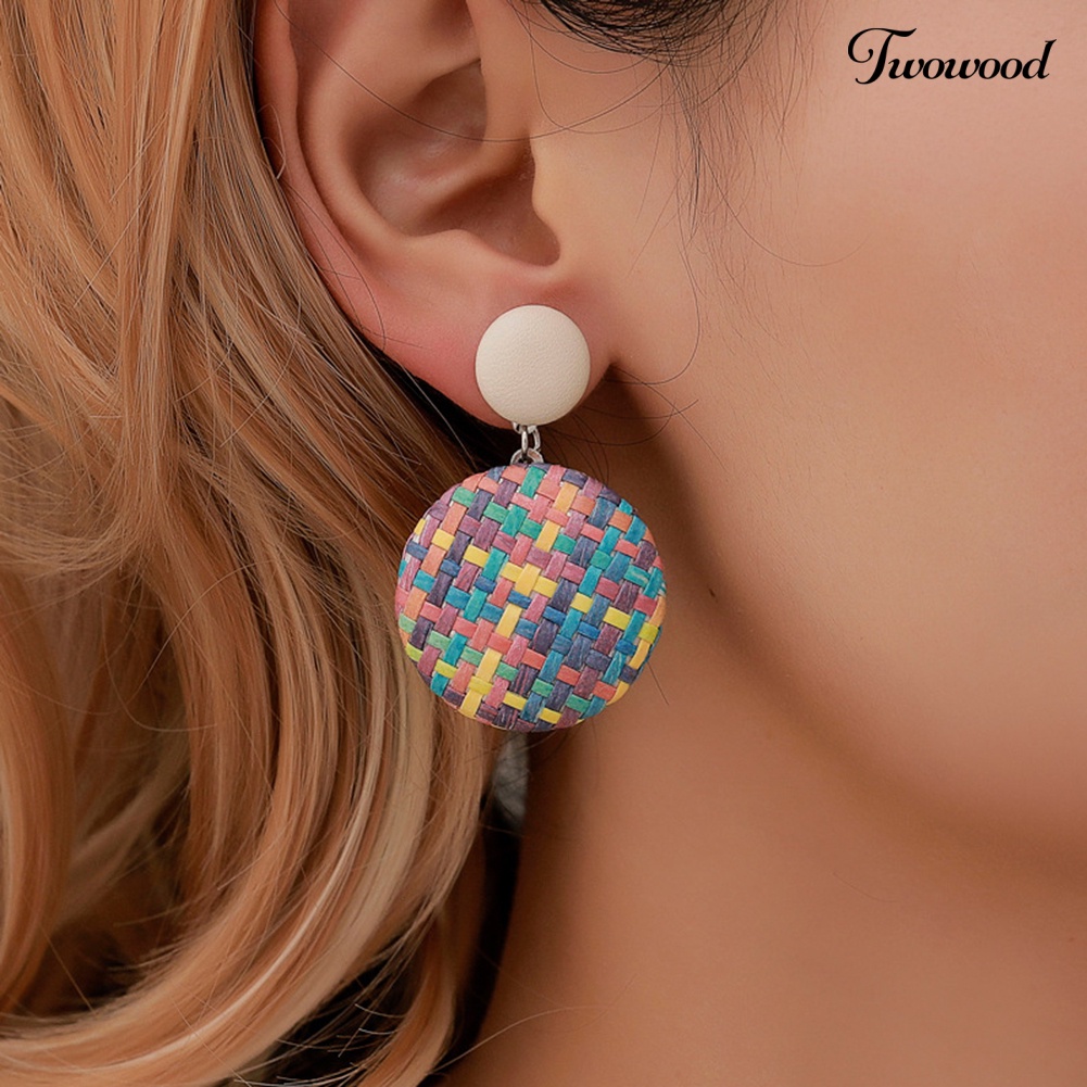 Twowood Boho Wanita Geometris Tombol Bulat Anyaman Jerami Menjuntai Stud Earrings Perhiasan