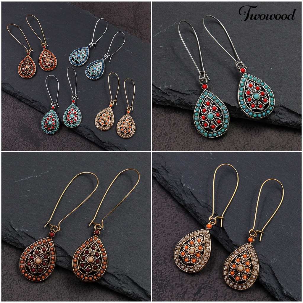 Twowood 1pasang Anting Wanita Bentuk Tetesan Air Gaya Etnik Bohemia Anting Drop Elegan Untuk Pacaran