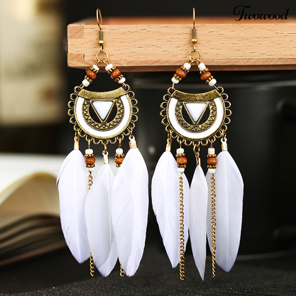 Twowood 1pasang Anting Kait Gaya Bohemia Etnik Bulu Sintetis Indah Lady Boho Anting Menjuntai Untuk Prom