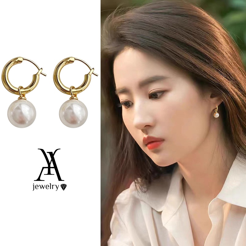 Ay (CN) Anting Hoop Emas Fashion Untuk Wanita Aksesoris Perhiasan Anting Mutiara Sederhana