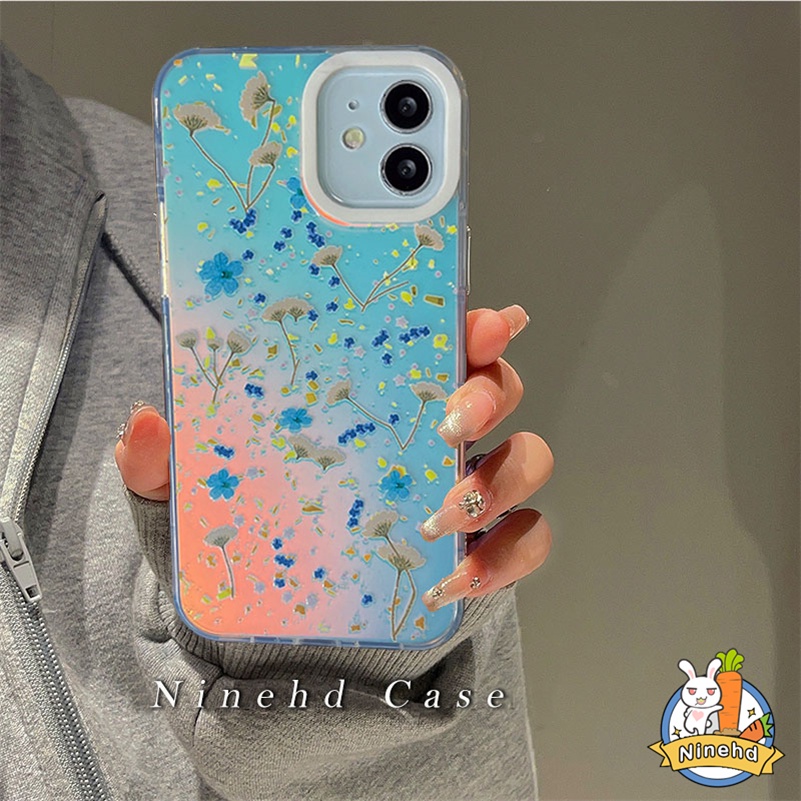 IPHONE Casing Kompatibel Untuk Iphone14 13 12 11 Pro Max X Xr Xs Max8 7 6 Plus SE 2020 Ins Halo Dye Gradasi Laser Dicat Bunga Rumput Ponsel Case Anti-Jatuh Silikon Akrilik Hard Case