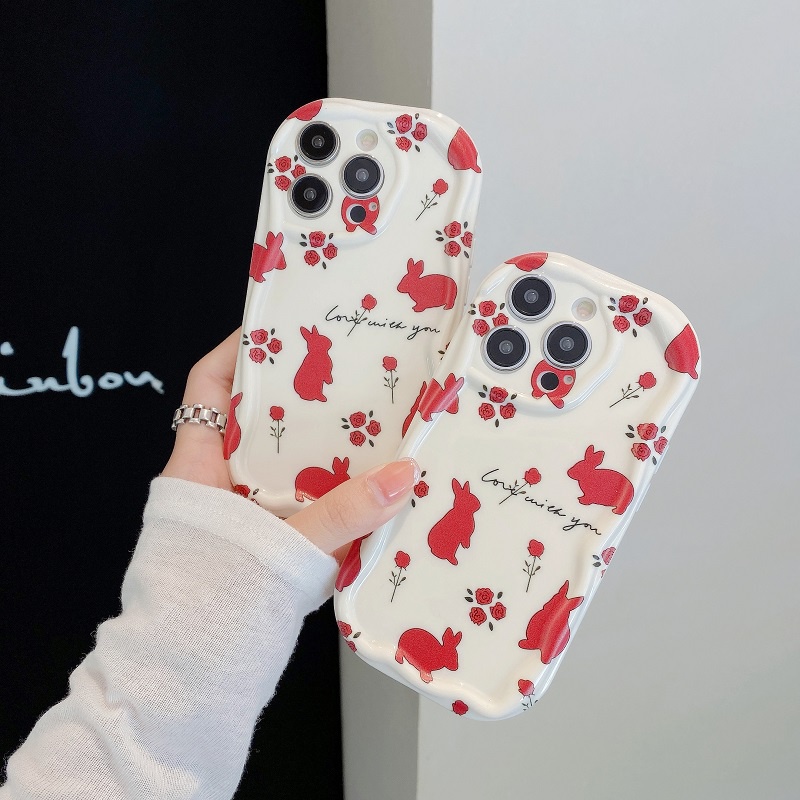 IPHONE Untuk Iphone14 13 12 11 Pro MAX X XR XS Max7 8 Plus Anti-drop Border Bunga Merah Kelinci Lucu Pelindung Case