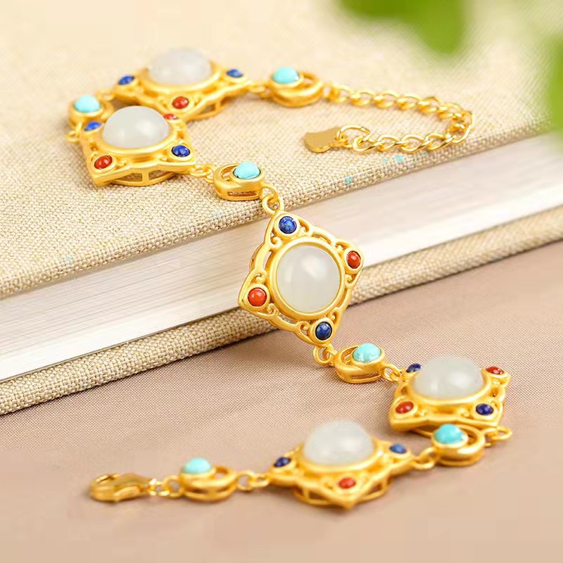 Goldkingdom Fashion Perhiasan Aksesoris Ready Stock Kalsedon Alami Gelang Perempuan Gaya Kuno Hetian Giok Gelang Hanfu Aksesoris