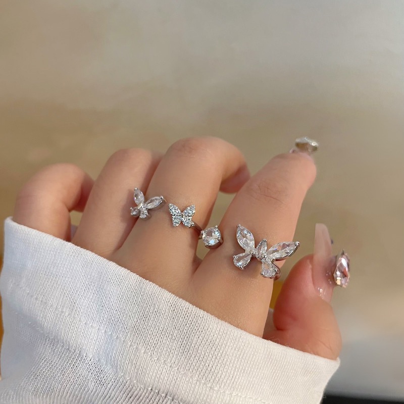 Cincin Terbuka Kupu-Kupu Bahan Alloy Zircon Korea Untuk Wanita