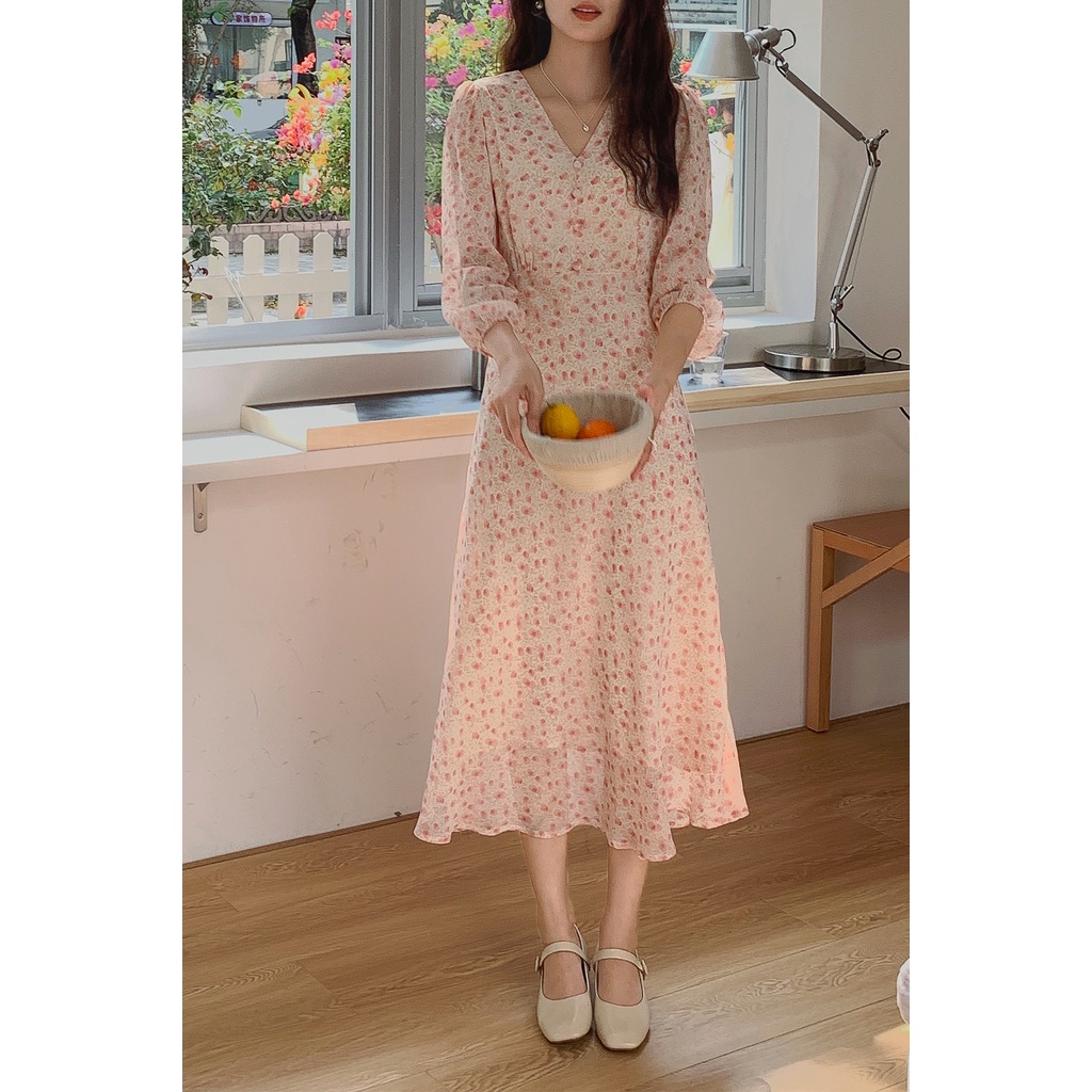 AIMEI 2023 new small floral chiffon dress female Korean long dress