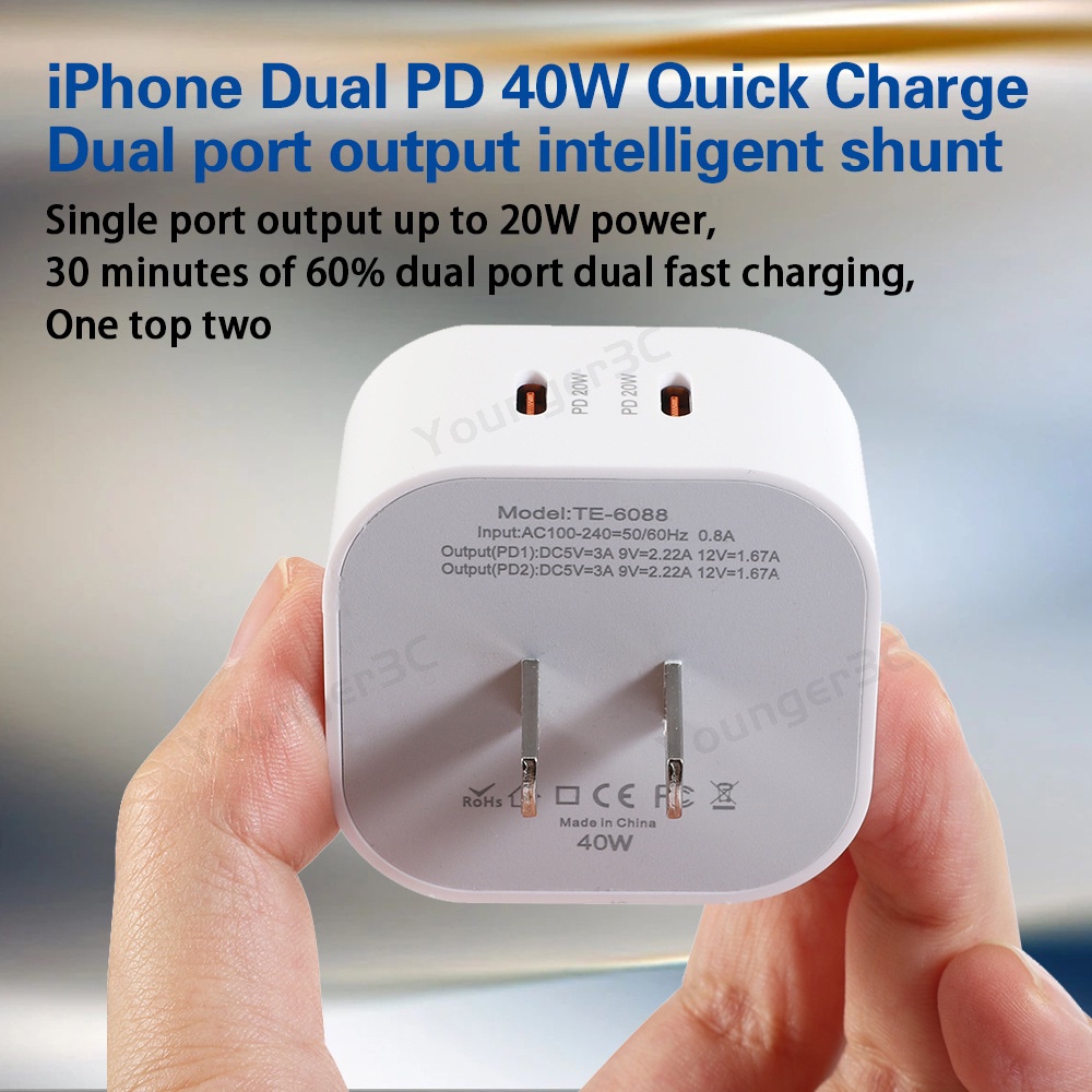 40w PD Dual Line Fast Charging Charger Handphone Tipe C PD Dual Port Flash Charging Travel Adapter Untuk ios Android Tipe C