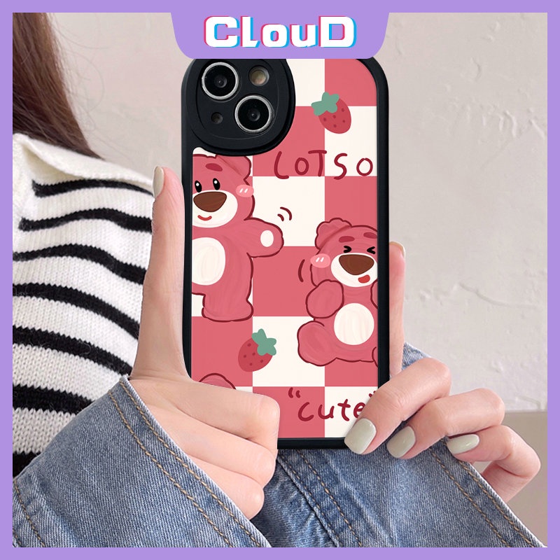 IPHONE Kartun Lucu Strawberry Bear Manyo Case Kompatibel Untuk Iphone11 Pro Max X XS Max 7Plus 8Plus XR 6s 76 8 Plus 13 14 12 Pro Max SE 2020 Kisi Lembut Tpu Penutup Belakang