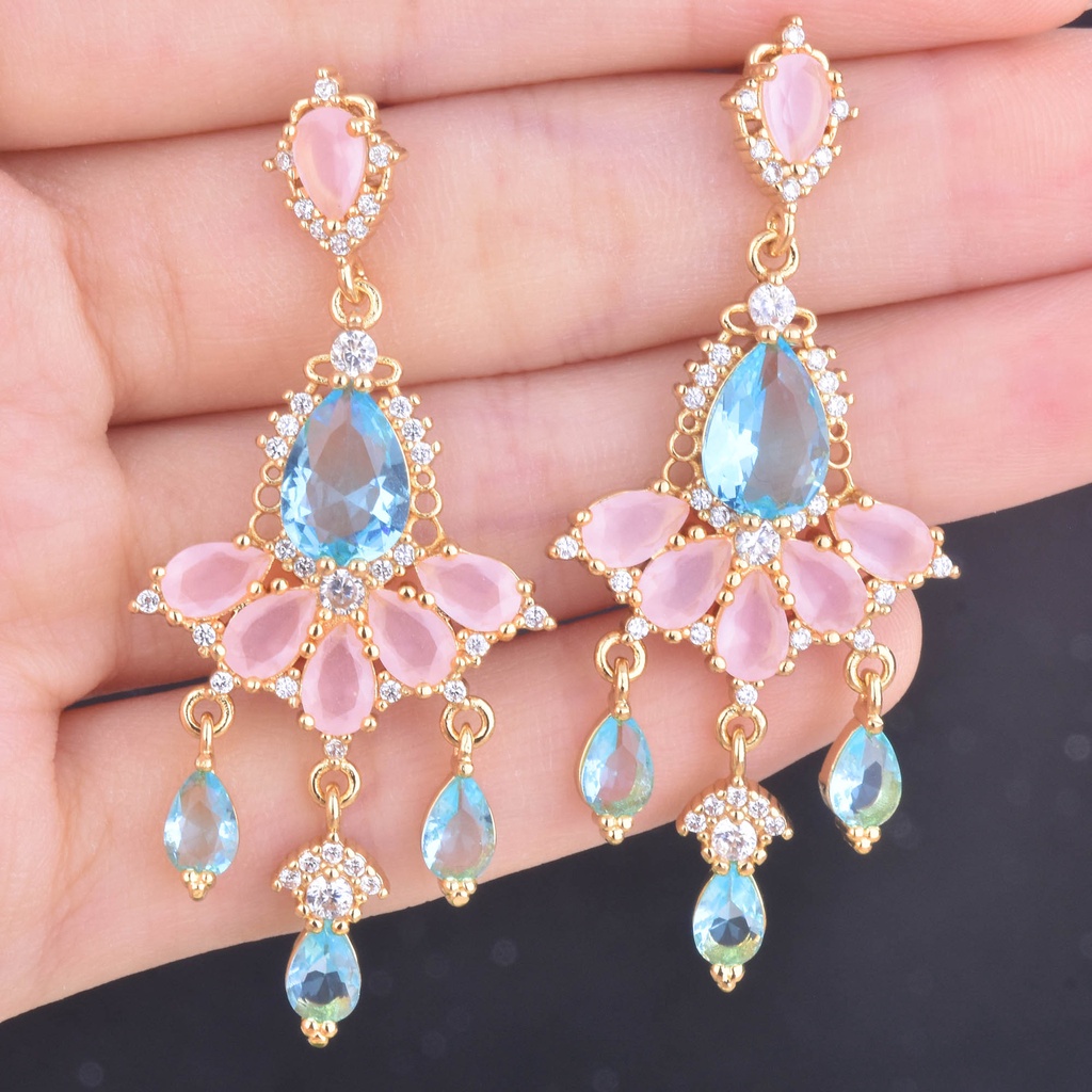 Goldkingdom Aksesoris Perhiasan Fashion Ready Stock Warna-Warni Pink Kristal Embun Biru Anting Tugas Berat Anting Rumbai