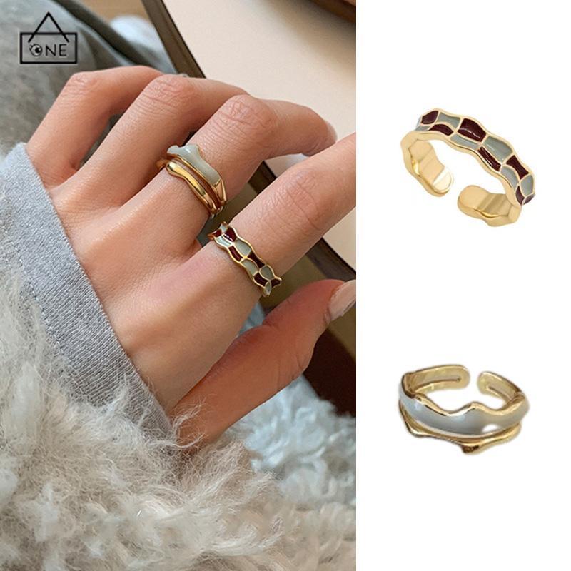 COD❤️3pcs Cincin Retro Wanita Emas Papan Catur Kotak-kotak yang dapat disesuaikan-A.one