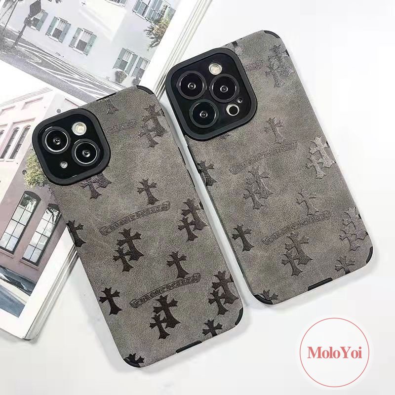 Stiker Tekstur Gaya Eropa Dan Amerika Case Kompatibel Untuk IPhone XR XS X Max11 7plus 12 13 14 Pro Max8 7 Plus Kulit Lembut Mewah Trendi Merek Chrome-Hati Ponsel Cover