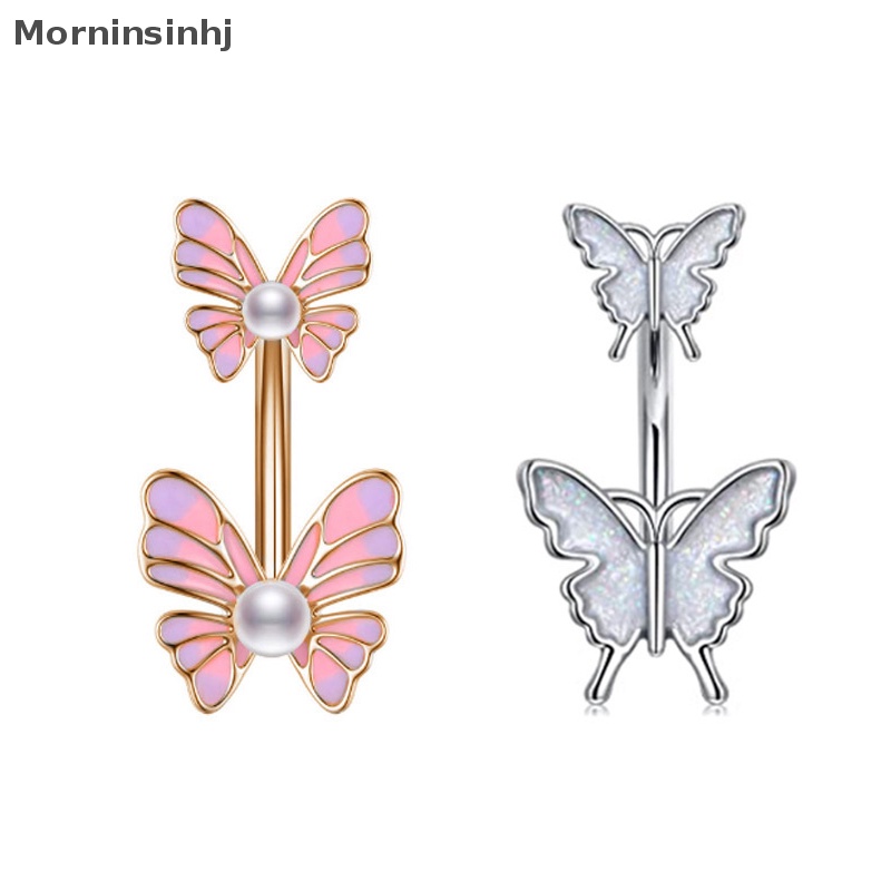 Mornin 1PC/6PCS Stainless Steel Butterfly Pearl Belly Button Ring Drip Minyak Pusar Kuku Tubuh Perhiasan Untuk Wanita Dekorasi Tubuh id