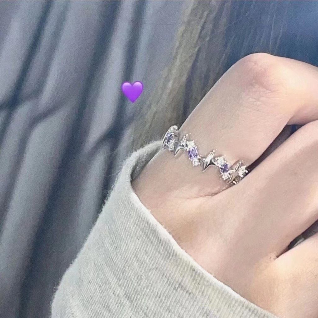 Fashion Berlian Ungu Hati Bintang Berujung Empat Zirkon Pembukaan Cincin Yang Dapat Disesuaikan