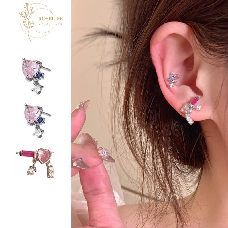 Roselife Halus Bersinar Merah Muda Kristal Hati Tusuk Sekrup Anting Untuk Wanita Gadis Chic Rose Quartz Love Stud Earring Korea Manis Telinga Perhiasan Hadiah