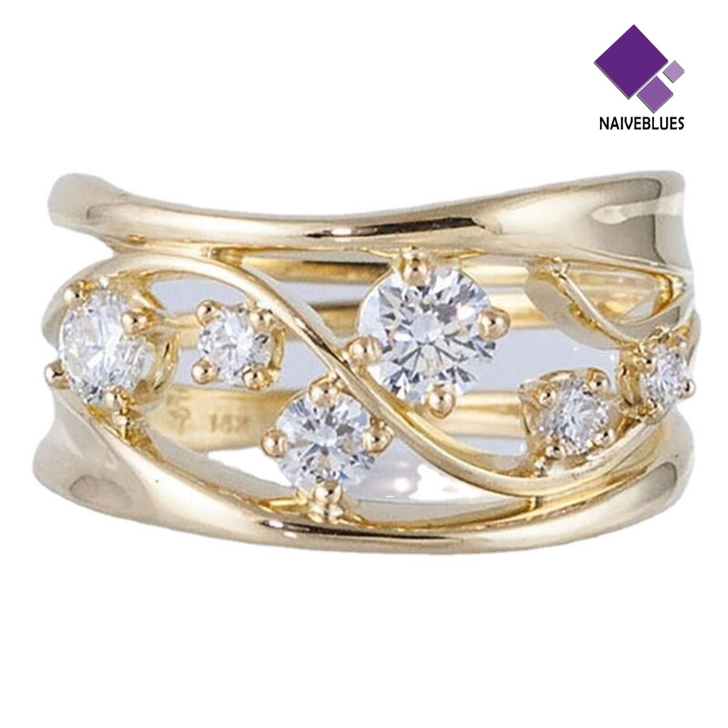 &lt; Naiveblues &gt; Cincin Jari Wanita Anti Tarnish Berongga Garis Bergelombang Geometris Zirconia Ring Engagement