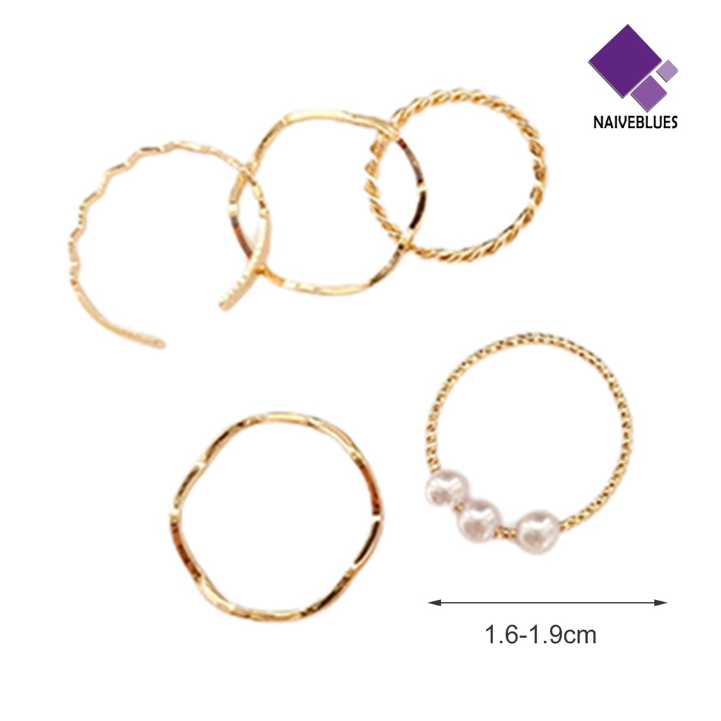 &lt; Naiveblues &gt; 5Pcs Cincin Jari Bergelombang Gaya Jepang Korea Mutiara Imitasi Set Electroplating Stackable Untuk Pesta