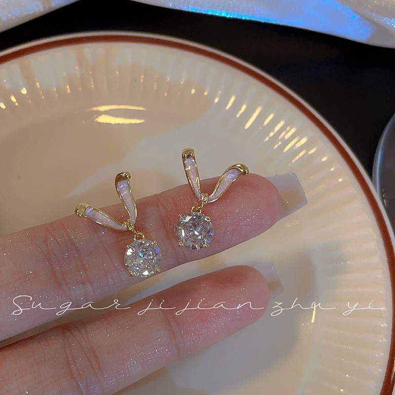 Anting Zirkon Kelinci Manis Berkilau Bling Menjuntai Pendant Ear Studs Untuk Gadis Manis