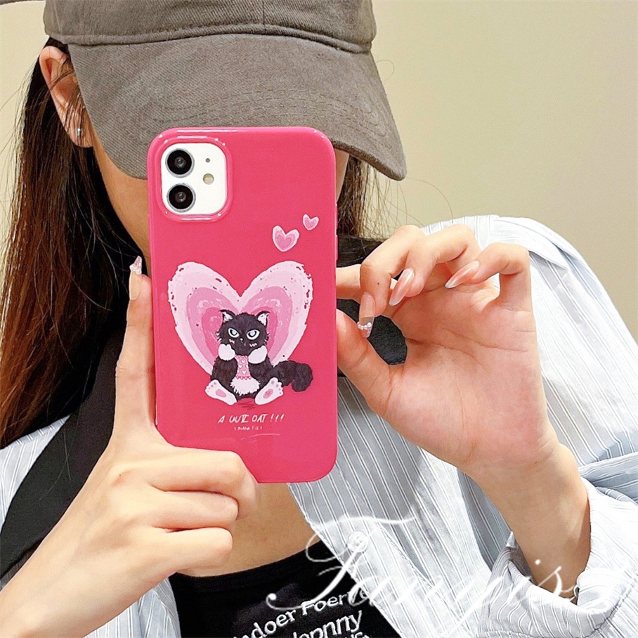 Compatible For iPhone 14 13 12 11 Pro Max X XR Xs Max 8 7 6 6s Plus SE 2020 Kompatibel Untuk Black Cat Heart Pink Permukaan Glossy Phone Case TPU Silikon Lembut Cover Pelindung