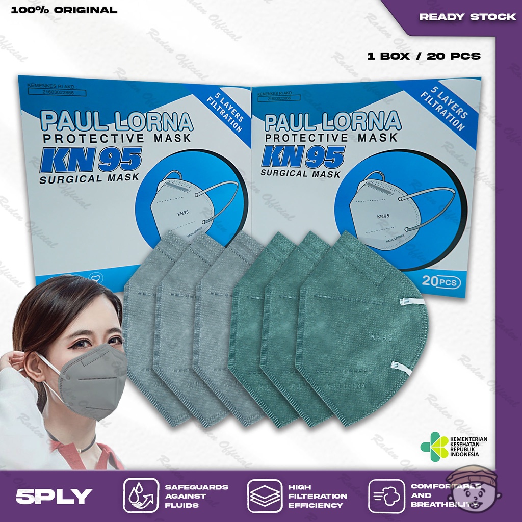 Masker KN95 PAUL LORNA 5Ply Isi 20Pcs Putih Hitam Abu Warna KN 95 5 Ply Surgical Mask Kemenkes