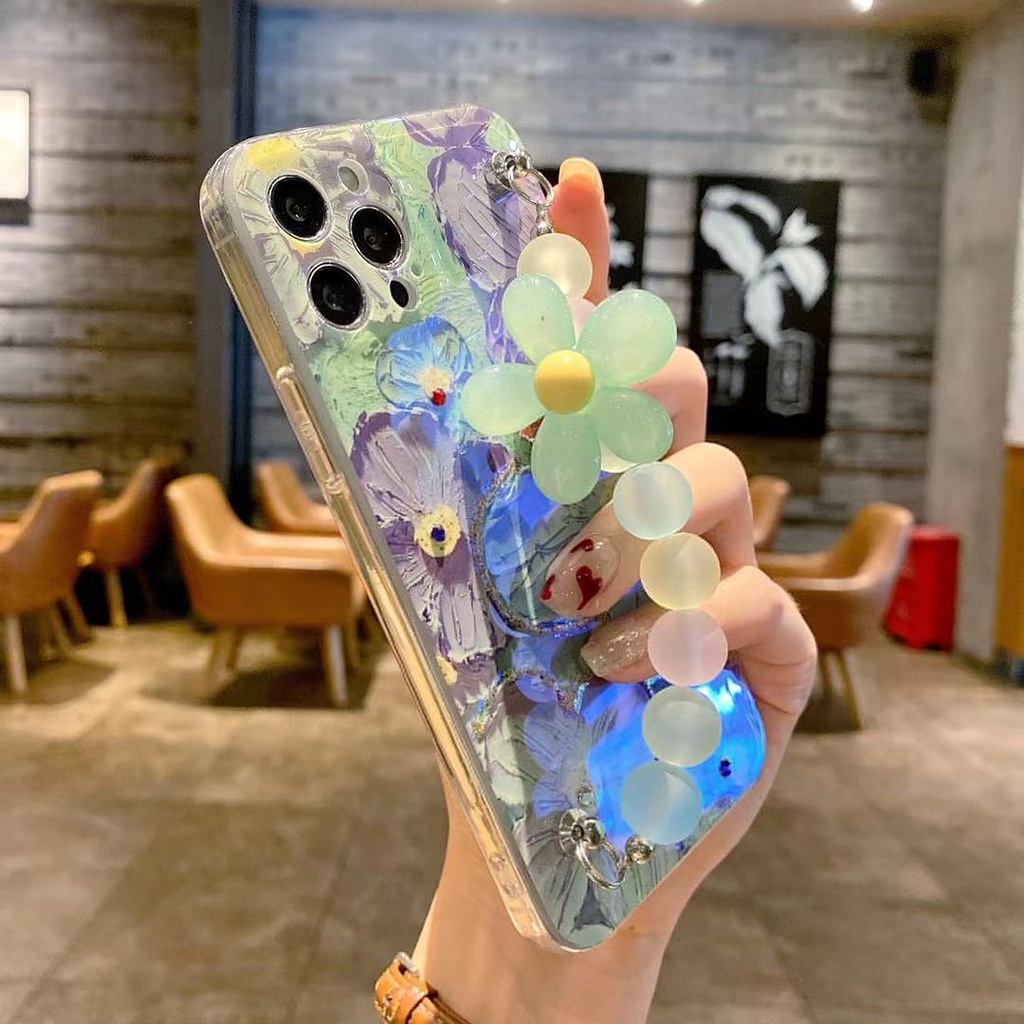 IPHONE Lukisan Minyak Berlian Cahaya Biru Desain Rantai Bunga Ungu Casing Ponsel Kompatibel Dengan Iphone12 11 Pro Max X Xs Max Xr bgvgb