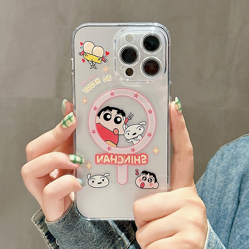 IPHONE Untuk Iphone14 13 12 11 Pro Max Kartun Crayon Shin-chan Cute Doraemon Transparan Perlindungan Hisap Magnetik soft Case