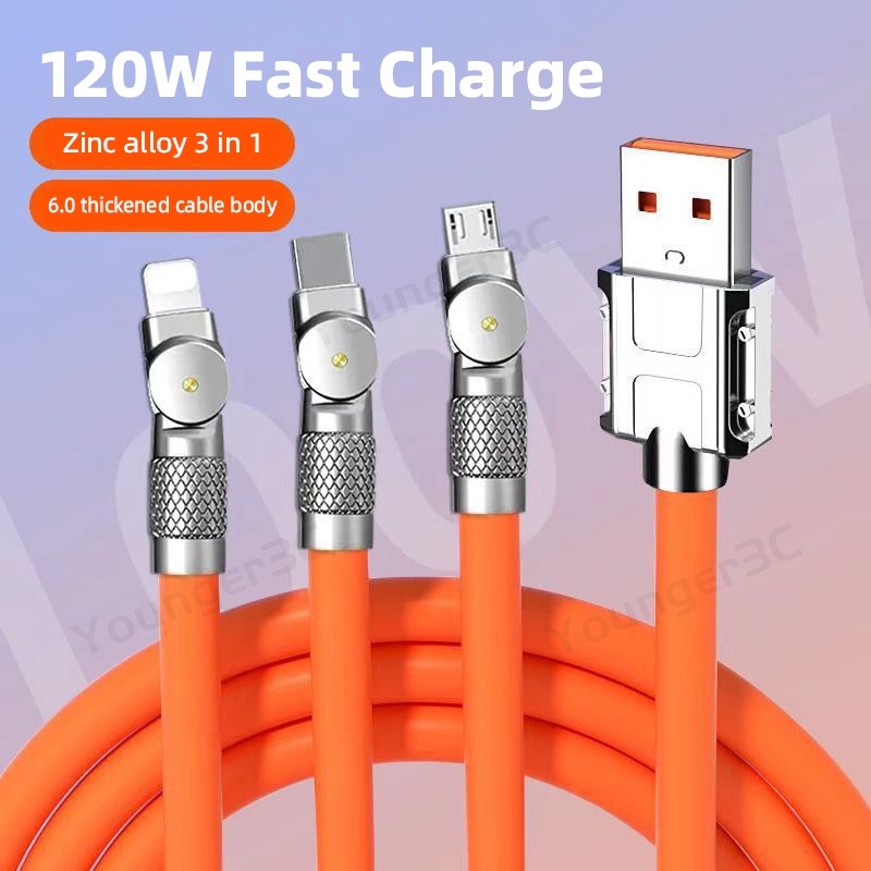 6a 180°Rotasi Kabel Pengisian Super Cepat 120W Zinc Alloy Charging Cord 3in1 Rotating Silicone Charging Wire Untuk ios Tipe C Android