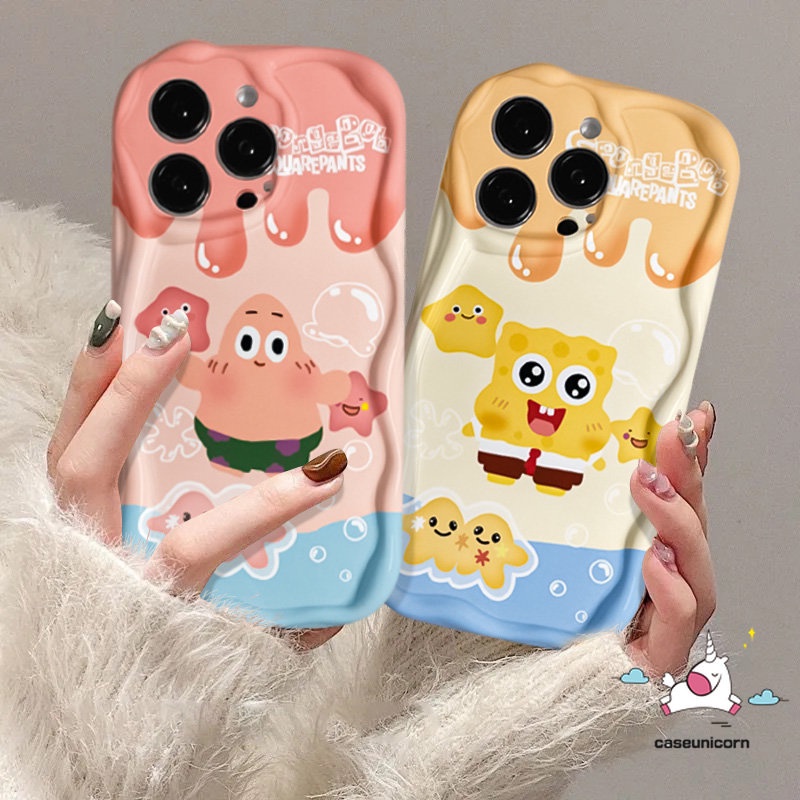 IPHONE Kartun Lucu SpongeBob Patrick Phone Case Kompatibel Untuk Iphone13 11 12 14 Pro Max XR 7 8 6s 6 Plus XR X XS Max SE 2020 Ice Cream Lovely 3D Wavy Curved Edge Soft Tpu Case