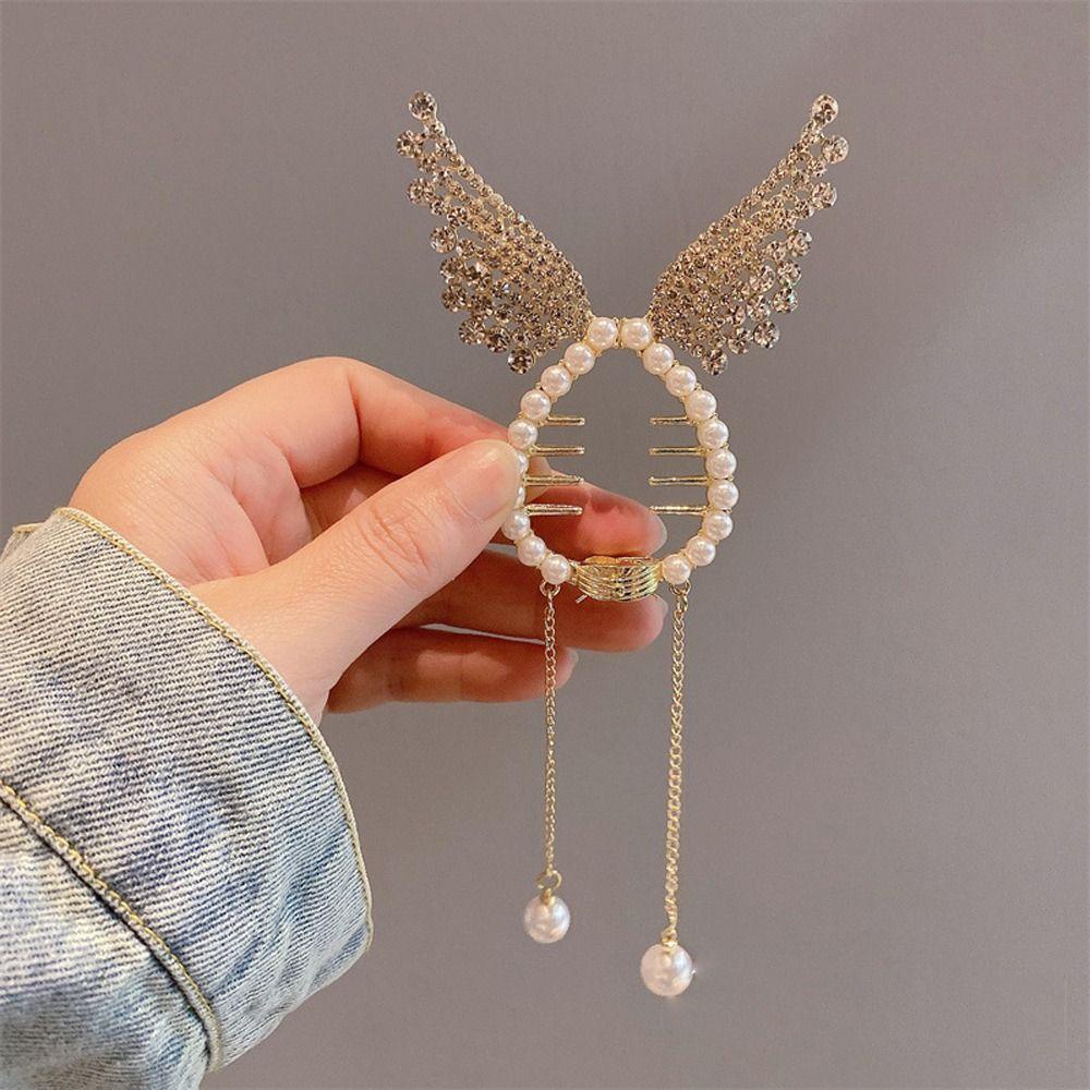 Needway   Bun Ponytail Holder Hiasan Kepala Elegan Ins Mutiara Sayap Fishtail Rumbai Telinga Kelinci Kristal Korea Hair Claw