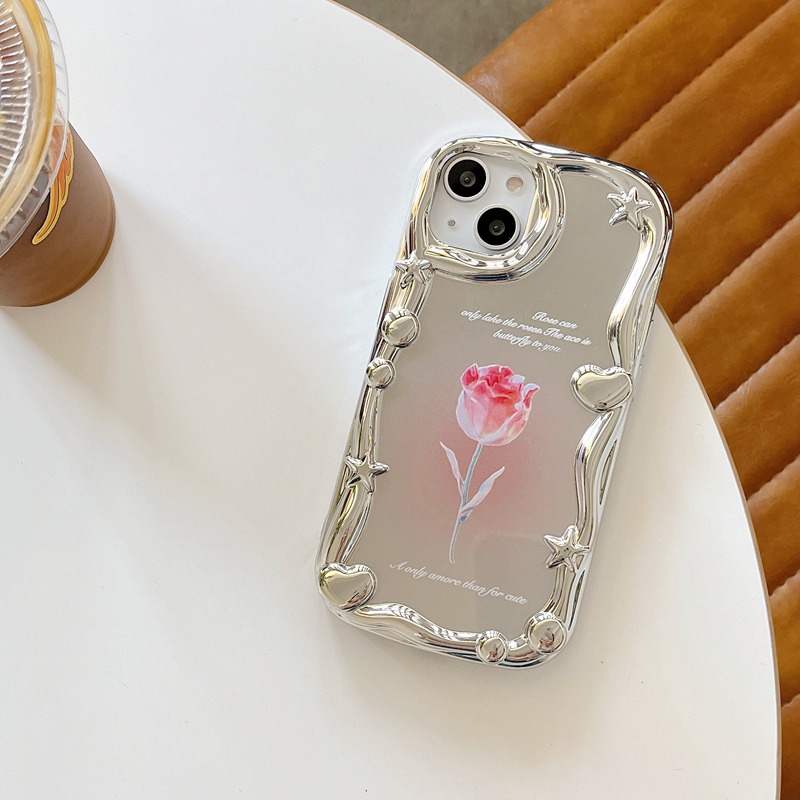 Cream Star Love Mirror Soft Case iPhone 7 8 Plus iPhone X XS XR Max 11 12 13 14 Pro Max 14 Plus Girl Woman Fashion Pink Green Tulip Flower Case Make up