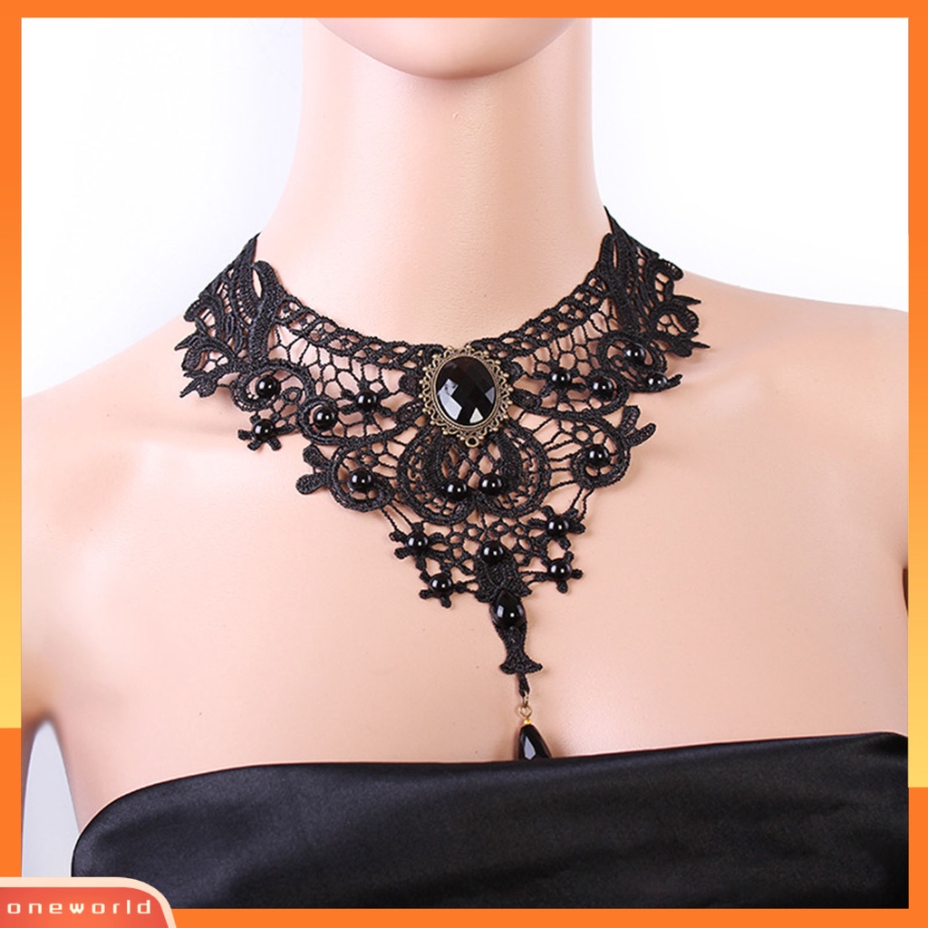 [ONE] Kalung Wanita Manik-Manik Renda Hitam Hollow Out Adjustable Choker Necklace Untuk Pesta